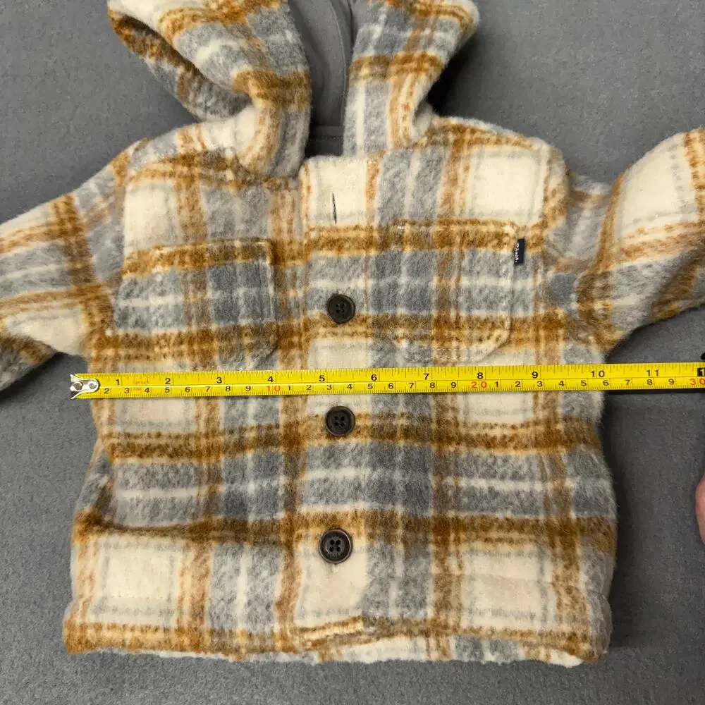 Baby B'Gosh Jacket 3 Months Hooded Plaid Fleece Flannel Button Up Tan Blue Cream